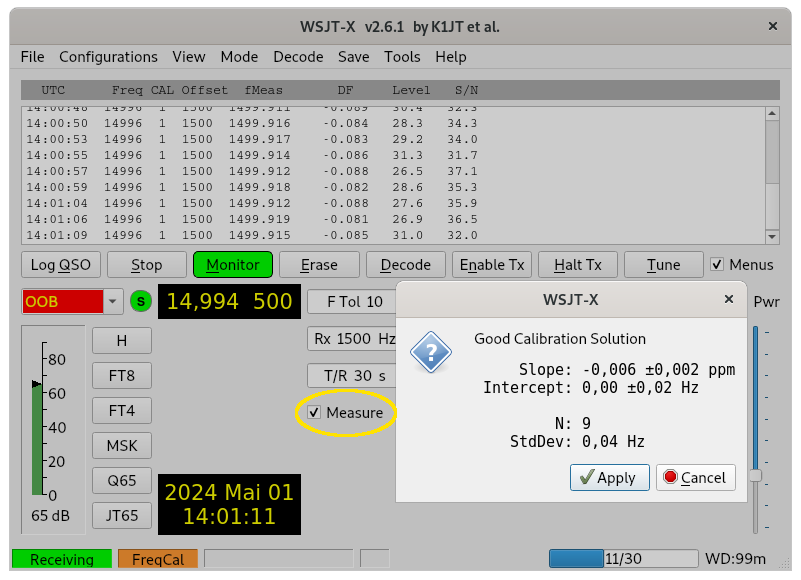 Im Hintergrund ist der Kalibrierungsbildschirm von WSJT-X zu sehen. Es wurde am 1.5.2024 eine Frequenz von 14996 kHz empfangen, die gemessene Abweichung liegt bei -0.08 bis -0.09 Hz. Der Haken "Measure" ist gesetzt. Darüber kopiert ist das Popup "Good Calibration Solution". Für die Frequenz wird eine Steigung von -0,006±0,002 ppm bei einem Achsenabschnitt von 0,00±0,02 Hz berechnet, bei N=9 (was ist N?) und einer Standardabweichung von 0,04 Hz.