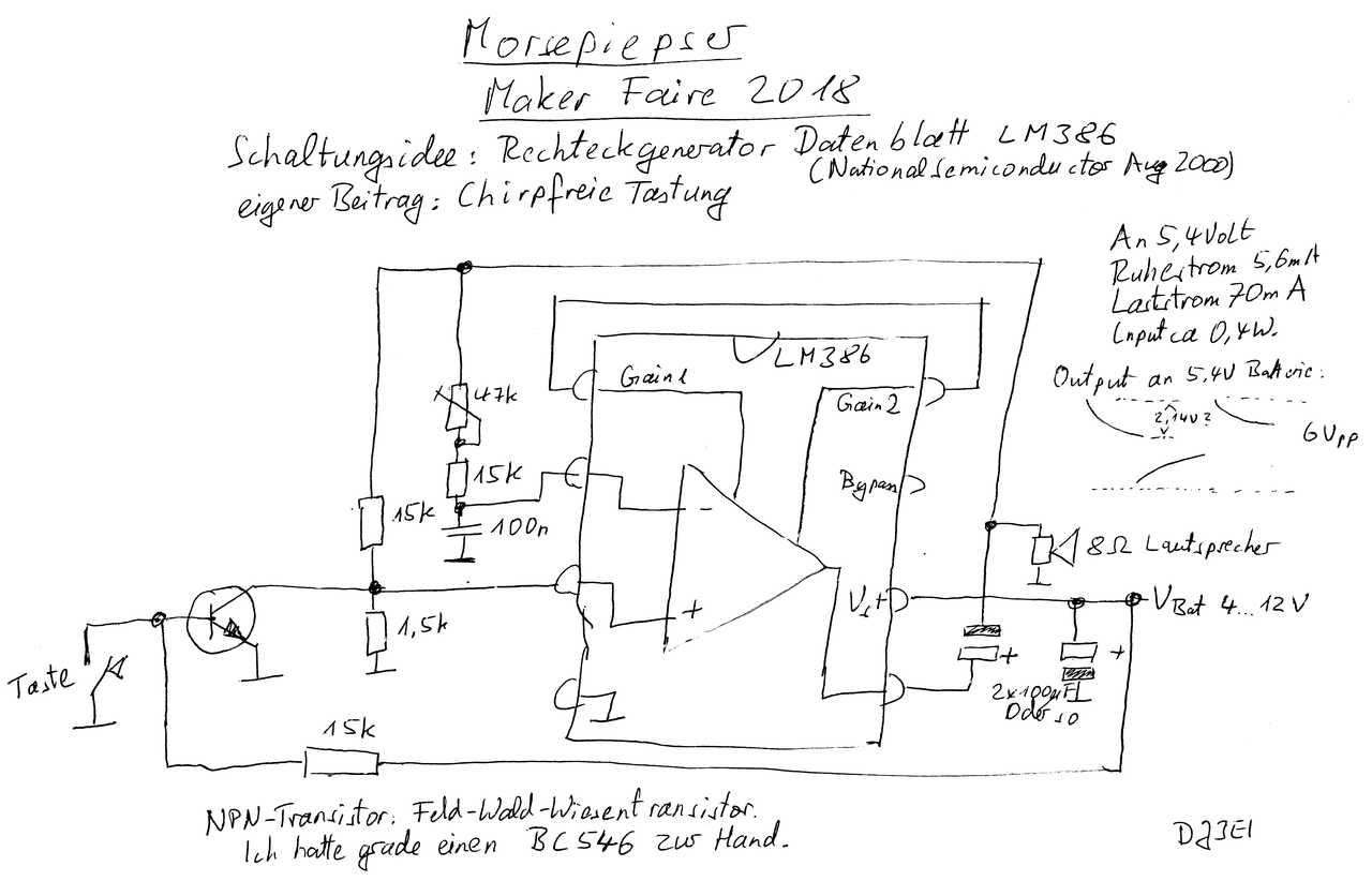 Morsepiepser mit LM386 NF-Verstärker, Beschreibung folgt im Text